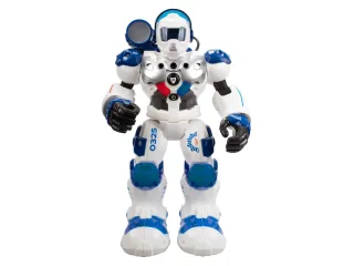 Patrol de Xtrem Bots, blanco y azul, con linterna en un brazo.