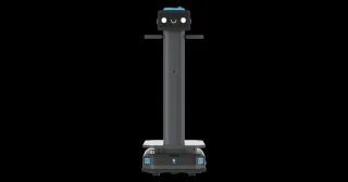 Imagen oficial del PUDU T300 negro, con plataforma de carga baja, columna vertical y pantalla frontal.