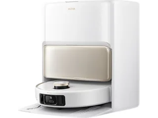 MOVA V50 Ultra Complete blanco junto a su estación de vaciado y lavado de mopas