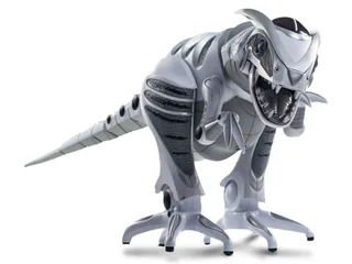 Roboraptor X, dinosaurio robótico gris con cola larga y dos patas mecánicas.