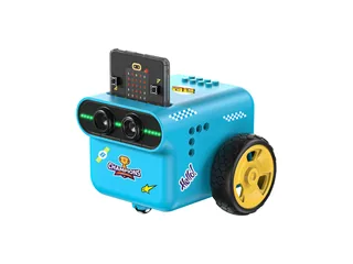 TPBot EDU azul con ruedas amarillas y una placa micro:bit instalada en la parte superior