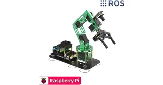 DOFBOT Pi verde de Yahboom con pinza, cámara y base electrónica, en una imagen comercial con logotipos ROS y Raspberry Pi