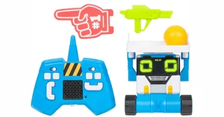 MiBRO azul y amarillo completo junto a su mando de radio y accesorios de juego sobre fondo blanco.