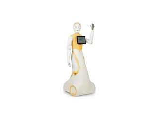 Robot social ARI blanco y naranja con pantalla en el torso