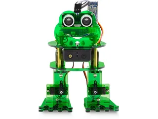 Robot bípedo Frog KS0446 de acrílico verde con sensor ultrasónico sobre la cabeza y dos pies anchos.