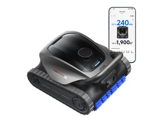 Render oficial del limpiador de piscinas MOVA Diver A10 completo junto a una pantalla de control.