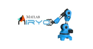 Niryo One de cuerpo entero junto a los logotipos de Niryo y MATLAB.