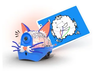 Imagen promocional oficial de SpikerBot completo con ruedas, carcasa azul y sensores, junto a una ilustración de un cerebro.