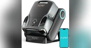 Render del Aiper Scuba X1 Pro Max gris sobre su base de carga junto a un móvil