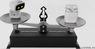 Fotografía de AIBI Pocket en un platillo de una balanza, frente a un estuche con auriculares; miniatura del vídeo oficial de LivingAI.
