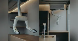 Render oficial de MW bot con brazos robóticos integrados en el techo de una vivienda