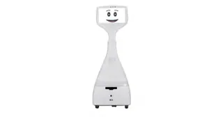 Cutii de CareClever, con pantalla facial sobre un cuerpo blanco y base con ruedas.