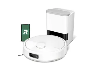 Render oficial del Roomba Max 705 Vac blanco junto a su base y una pantalla de la aplicación.