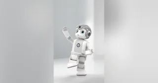 Render oficial de Alpha Mini de UBTECH saludando con un brazo levantado
