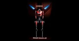 Render oficial de HONOR Robotics D1, con torso rojo, luces azules y piernas negras, identificado con el nombre del modelo.