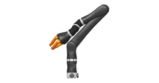 Render técnico completo del Kinova JACO Research Edition de seis ejes, con mano de tres dedos y base fija sobre fondo blanco.