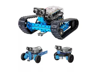 Tres montajes de mBot Ranger: vehículo de orugas, coche de tres ruedas y robot de equilibrio