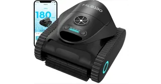 Render promocional oficial de Talosbo C1 completo, con orugas y carcasa oscura, junto a un teléfono que muestra la aplicación.