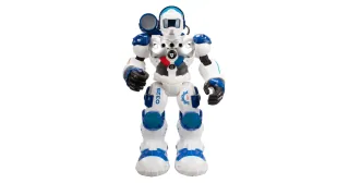 Patrol de Xtrem Bots, blanco y azul, con linterna en un brazo.