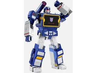 Soundwave Flagship de Robosen azul y blanco, erguido con los brazos levantados y el emblema Decepticon en el pecho