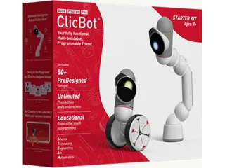Caja oficial de ClicBot Starter Kit con dos configuraciones del robot.