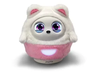 Render promocional oficial de Pophie completo, con funda de gato de peluche, ojos en pantalla y base rosa, sobre fondo blanco.