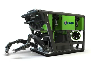 Render oficial del SR20 de Saab Seaeye equipado con manipuladores eléctricos.