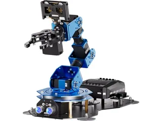 Brazo azul xArm AI de Hiwonder con pinza, módulo de visión y sensor ultrasónico frontal