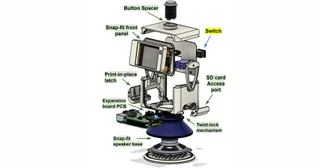 Vista CAD explosionada de Robot Study Companion v4.1, recortada de la figura de sus autores, con chasis, pantalla, aletas y base completos.