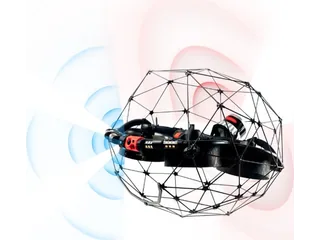 Representación oficial del dron Elios 3 dentro de su jaula protectora.