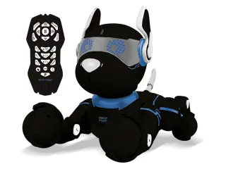 Power Puppy negro y azul con cuatro patas y mando a distancia.