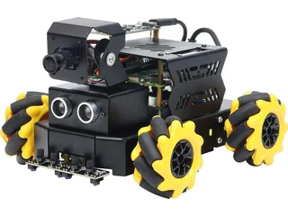 Raspbot V2 negro con ruedas Mecanum amarillas, cámara sobre soporte de dos ejes y sensor ultrasónico