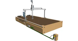 Render del pórtico FarmBot Genesis v1.8 instalado sobre un bancal rectangular de madera