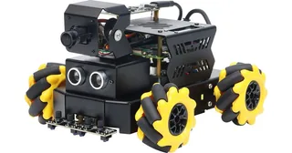 Raspbot V2 negro con ruedas Mecanum amarillas, cámara sobre soporte de dos ejes y sensor ultrasónico
