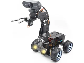 PiCar Pro V2 negro con ruedas, brazo articulado, pinza y cámara USB elevada.