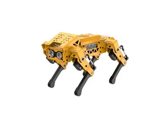 MechDog amarillo con ocho servos y cuatro patas articuladas