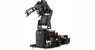 Brazo educativo negro miniArm de Hiwonder con pinza y placa de control de potenciómetros