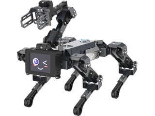 DOGZILLA-Lite negro con cuatro patas, brazo superior con pinza y una cara en la pantalla frontal
