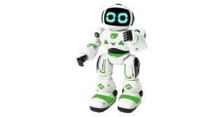 Bionic de Xtrem Bots, blanco y verde, con ojos luminosos.