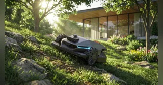 Imagen promocional del Sunseeker S5 LiDAR negro y gris sobre el césped de un jardín, con el sensor circular elevado.