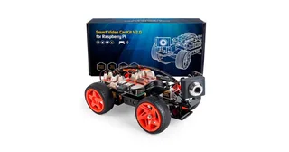 Imagen oficial del SunFounder PiCar-V con cámara USB y caja del kit.