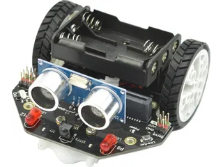 Maqueen Lite de DFRobot con chasis negro, dos ruedas y módulo ultrasónico frontal, sin placa micro:bit instalada