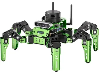 JetHexa verde y negro con seis patas articuladas y lidar sobre el cuerpo