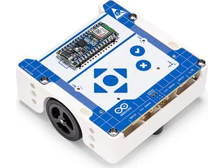 Fotografía oficial de Arduino Alvik en vista oblicua, con la placa Nano ESP32, los controles táctiles y una rueda visibles sobre fondo blanco.