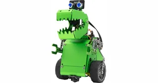 Q-Dino verde de Robobloq con forma de dinosaurio, dos ruedas y sensor ultrasónico sobre la cabeza