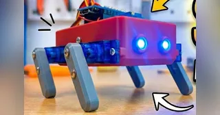 Imagen de DSN Industries de MiniQ completo, con cuerpo rojo, dos luces frontales y cuatro patas grises; recorte de la presentación original.