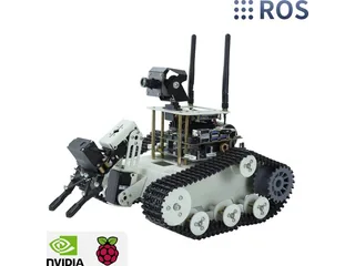 Robot Transbot SE gris con orugas, brazo y cámara orientable, en una imagen comercial de Yahboom con logotipos de plataformas