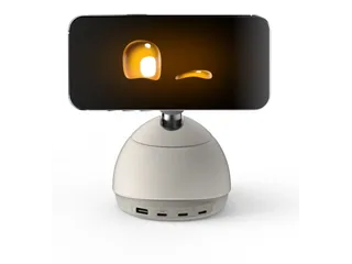 Imagen oficial de Loona Deskmate Studio White con un iPhone horizontal mostrando ojos amarillos.