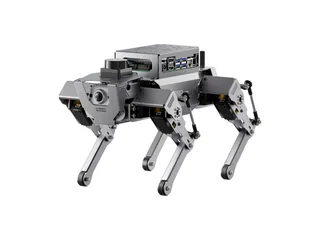 ROSPug gris y negro con cuatro patas articuladas, cámara frontal y lidar sobre el cuerpo