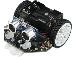 Maqueen Lite V5 negro con dos ruedas, sensores y módulo ultrasónico